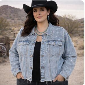 SAVANNA JANE DENIM TRUCKER JACKET RHINESTONE DETAILS FRINGE SIZE 3X NWT